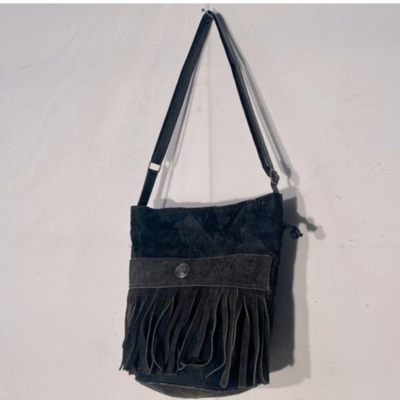 Vintage Leather Patchwork Black Brown Colour Block Bucket Bag Purse With Fringe - Picture 1 of 12